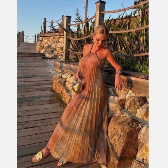 ZARA WOMEN SS24 TIE DYE PLEATED HALTER DRESS MULTICOLORED - Picture 1 of 11